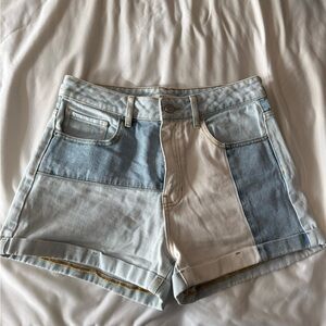 PacSun Two-Tone Patchwork Denim Mom Shorts in Light Blue and Cream